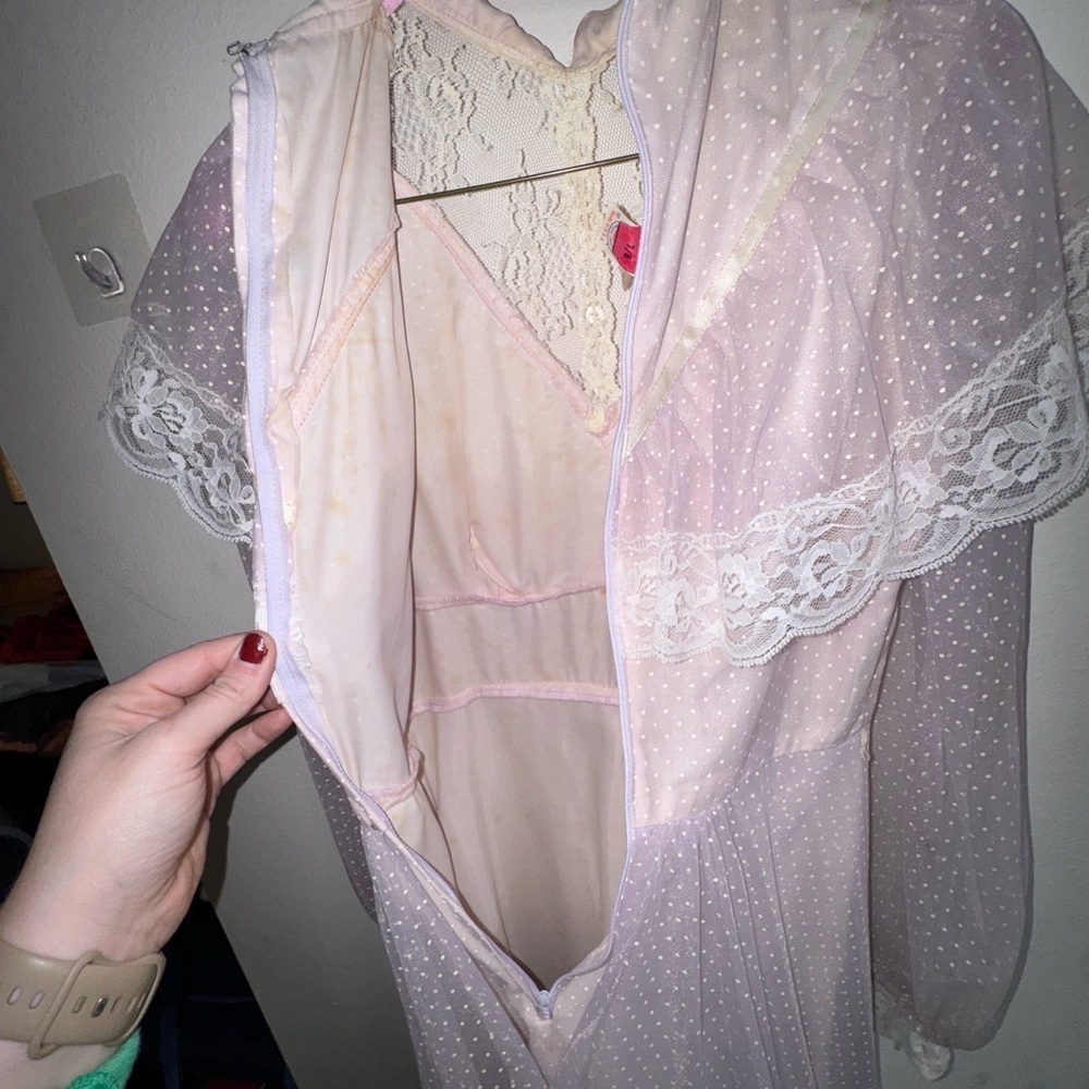 Vintage 70s Lace Prairie Maxi Dress Sheer Polka Dot Gunne Sax Style - Picture 8 of 15